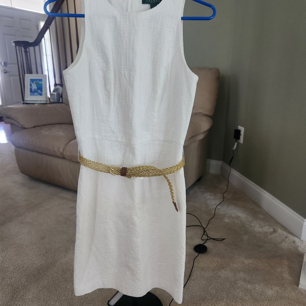 Elegant White Sleeveless Dress with Gold Belt